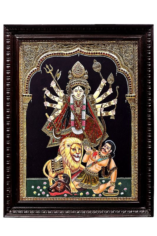 Mahishasura-Mardini Ten-armed Durga Tanjore Painting | Traditional Colors With 24K Gold | Teakwood Frame | Gold & Wood | Handmade | Made In India