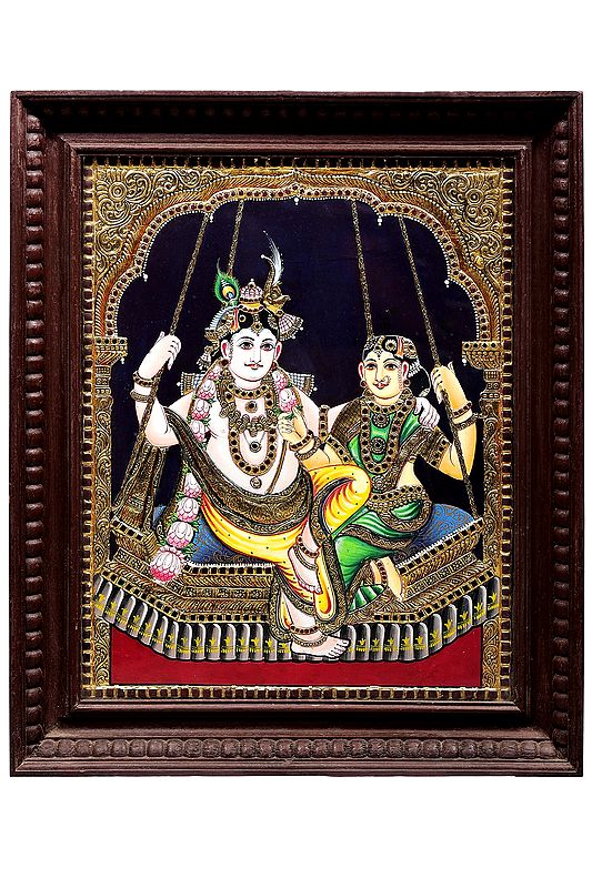 Radha Swings with Krishna Tanjore Painting | Traditional Colors With 24K Gold | Teakwood Frame | Gold & Wood | Handmade | Made In India