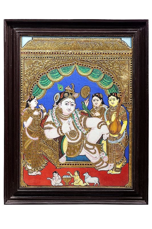 Bala Gopala Krishna Tanjore Painting | Traditional Colors With 24K Gold | Teakwood Frame | Gold & Wood | Handmade | Made In India