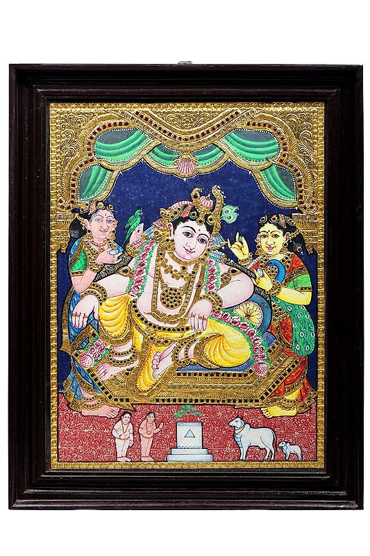 Lord Krishna and Gopikas Tanjore Painting | Traditional Colors With 24K Gold | Teakwood Frame | Gold & Wood | Handmade | Made In India