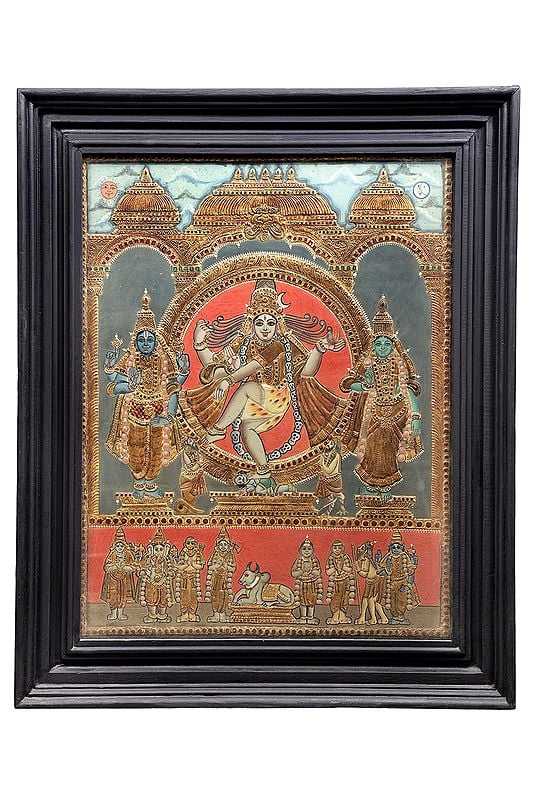 Urdhva Tandav Dancing Shiva Tanjore Painting | Traditional Colors With 24K Gold | Teakwood Frame | Gold & Wood | Handmade | Made In India