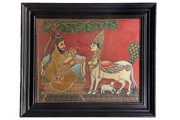 Gomaatha (Kamadhenu) Worshipped by Vashista Muni  Tanjore Painting | Traditional Colors With 24K Gold | Teakwood Frame | Gold & Wood | Handmade | Made In India
