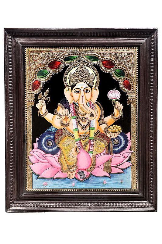 Lord Ganesha Seated on Lotus Tanjore Painting | Traditional Colors With 24K Gold | Teakwood Frame | Gold & Wood | Handmade | Made In India