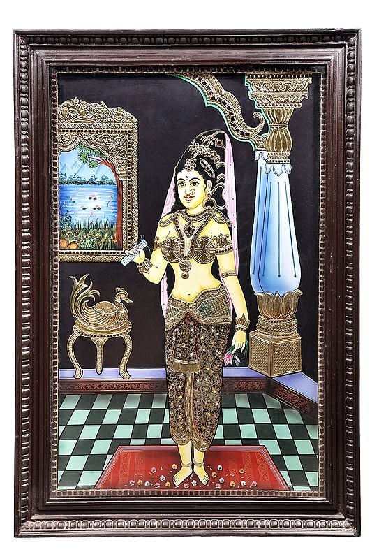 Rukmini Wrote a Love letter to Krishna Tanjore Painting | Traditional Colors With 24K Gold | Teakwood Frame | Gold & Wood | Handmade | Made In India