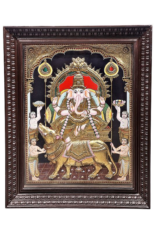 Lord Ganesha Seated on a Rat Tanjore Painting | Traditional Colors With 24K Gold | Teakwood Frame | Gold & Wood | Handmade | Made In India