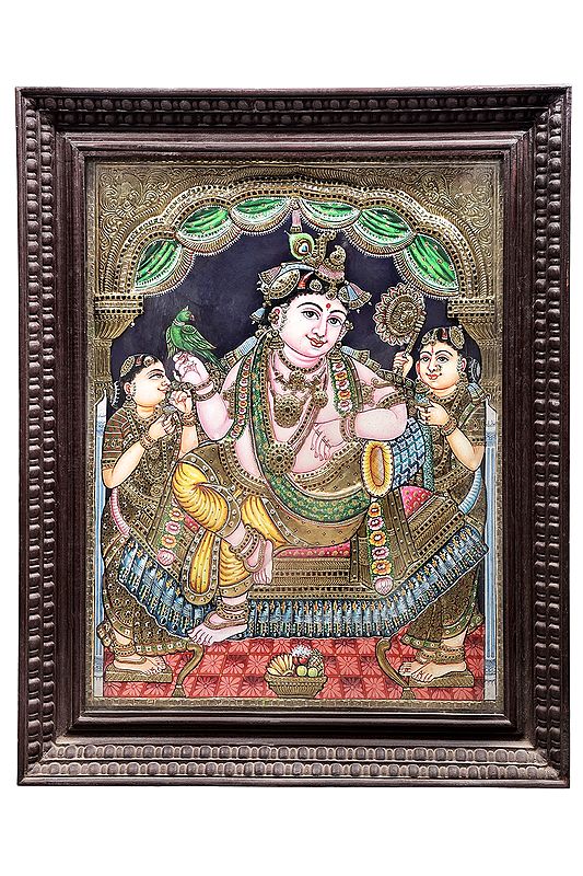Lord Krishna Tanjore Painting | Traditional Colors With 24K Gold | Teakwood Frame | Gold & Wood | Handmade | Made In India