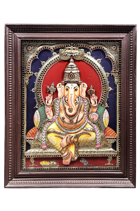 Lord Ganesha Tanjore Painting | Traditional Colors With 24K Gold | Teakwood Frame | Gold & Wood | Handmade | Made In India