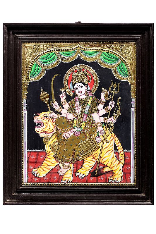 Ashtabhuja Goddess Durga Tanjore Painting | Traditional Colors With 24K Gold | Teakwood Frame | Gold & Wood | Handmade | Made In India