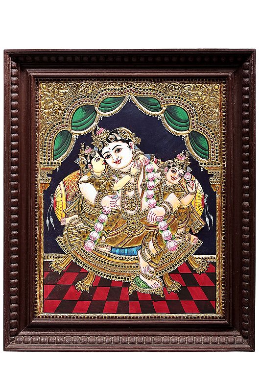 Lord Krishna with Rukmini and Satyabhama Tanjore Painting | Traditional Colors with 24K Gold | Teakwood Frame | Handmade | Made in India