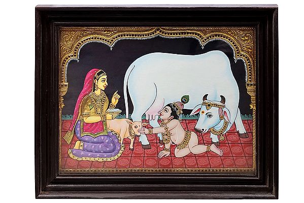 Butter Krishna and Yashoda With Cow Tanjore Painting | Traditional Colors With 24K Gold | Teakwood Frame | Gold & Wood | Handmade | Made In India
