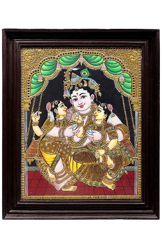 Lord Krishna with Rukmini and Satyabhama Tanjore Painting | Traditional Colors With 24K Gold | Teakwood Frame | Handmade