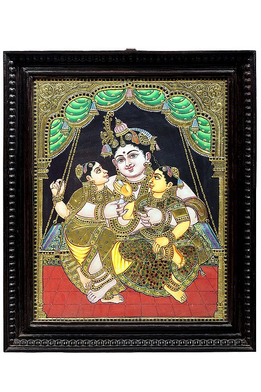 Lord Krishna Swings with Rukmini and Satyabhama Tanjore Painting | Traditional Colors With 24K Gold | Teakwood Frame | Handmade | Made in India