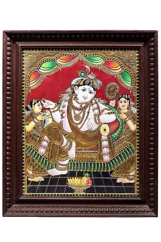 Lord Krishna Tanjore Painting | Traditional Colors With 24K Gold | Teakwood Frame | Handmade | Made in India