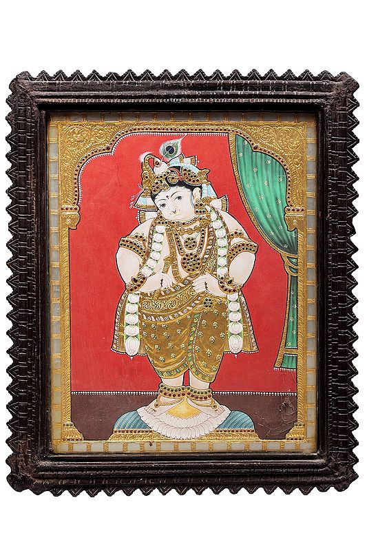 Lord Krishna Tanjore Painting | Traditional Colors With 24K Gold | Teakwood Frame | Gold & Wood | Handmade | Made In India