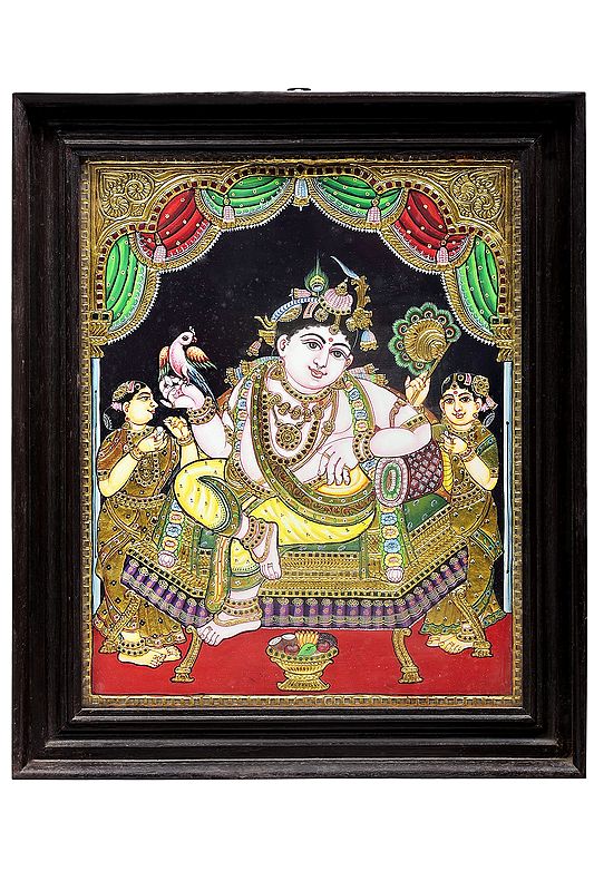 Relaxing Krishna Tanjore Painting | Traditional Colors with 24K Gold | Teakwood Frame | Handmade | Made in India