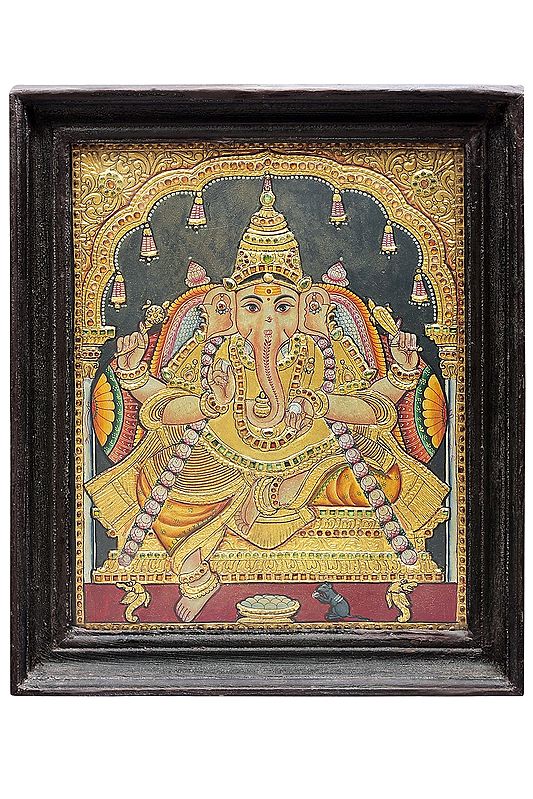 Bhagwan Ganesha Tanjore Painting | Traditional Colors with 24K Gold | Teakwood Frame | Handmade | Made in India