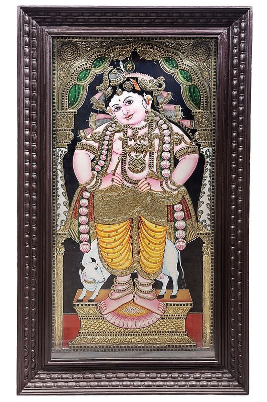 Standing Lord Krishna Tanjore Painting | Traditional Colors With 24K Gold | Teakwood Frame | Gold & Wood | Handmade | Made In India