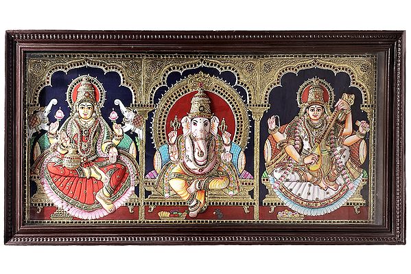 Ganesha with Lakshmi & Saraswati Tanjore Painting | Traditional Colors With 24K Gold | Teakwood Frame | Gold & Wood | Handmade | Made In India