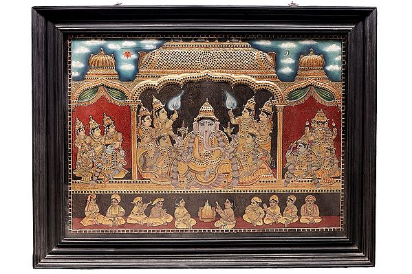 Lord Ganesha with Riddhi and Siddhi Tanjore Painting | Traditional Colors With 24K Gold | Teakwood Frame | Gold & Wood | Handmade | Made In India