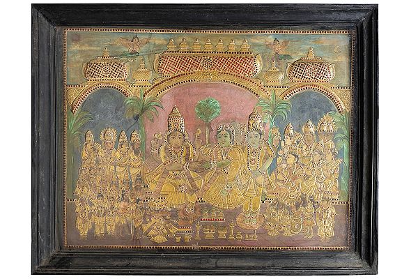 Meenakshi Kalyanam | Tanjore Painting | Traditional Colors With 24K Gold | Teakwood Frame | Gold & Wood | Handmade | Made In India