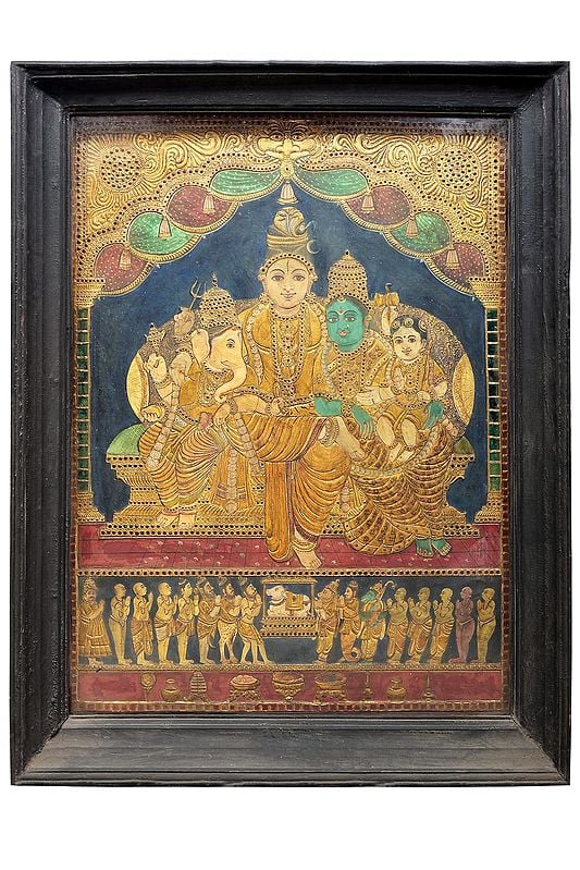 Lord Shiva Family Tanjore Painting | Traditional Colors With 24K Gold | Teakwood Frame | Gold & Wood | Handmade | Made In India