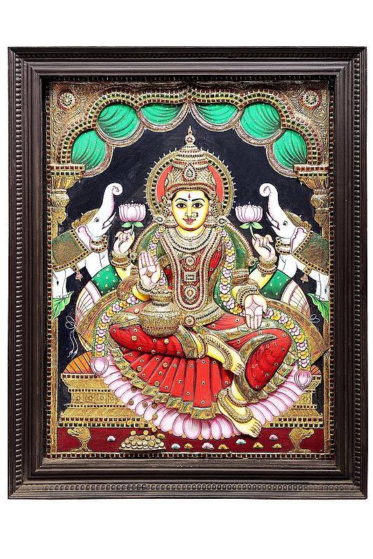 Padmasana Gajalakshmi Tanjore Painting | Teakwood Frame | Handmade | Made In India