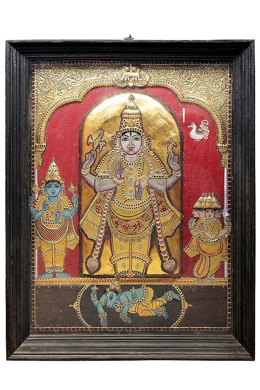 Lord Shiva as Pashupatinath With Brahma and Vishnu Tanjore Painting | Traditional Colors With 24K Gold | Teakwood Frame | Gold & Wood | Handmade | Made In India