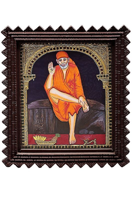 Shirdi Sai Baba Tanjore Painting Tanjore Painting | Traditional Colors With 24K Gold | Teakwood Frame | Gold & Wood | Handmade | Made In India