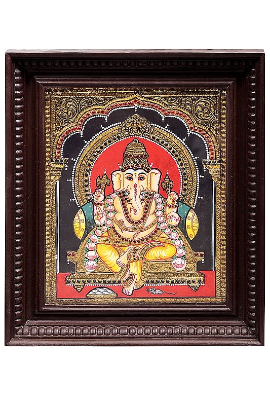 Seated Lord Ganesha Tanjore Painting | Traditional Colors With 24K Gold | Teakwood Frame | Gold & Wood | Handmade | Made In India