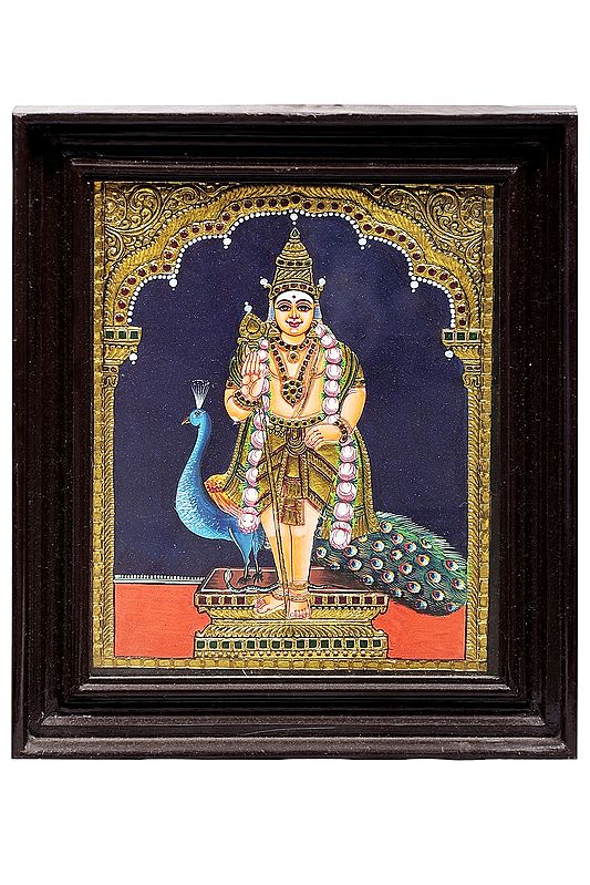 Kumara Karttikeya (Murugan) Tanjore Painting | Traditional Colors With 24K Gold | Teakwood Frame | Gold & Wood | Handmade | Made In India