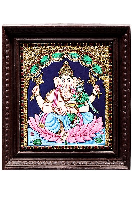 Ganesha the Lord of Prosperity Tanjore Painting | Traditional Colors With 24K Gold | Teakwood Frame | Gold & Wood | Handmade | Made In India