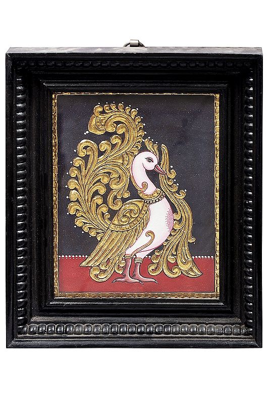 Standing Peacock Tanjore Painting | Traditional Colors With 24K Gold | Teakwood Frame | Gold & Wood | Handmade | Made In India