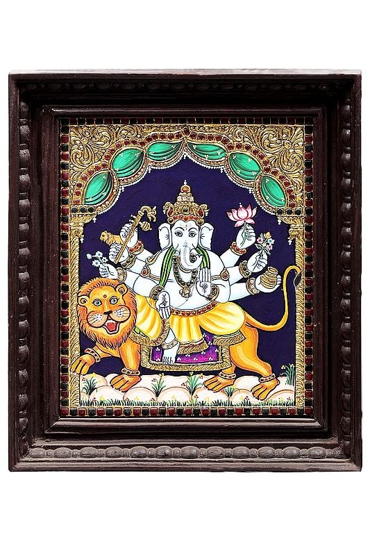 Lord Ganesha Seated on Lion Tanjore Painting | Traditional Colors With 24K Gold | Teakwood Frame | Gold & Wood | Handmade | Made In India