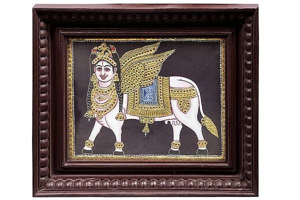 Gomaatha (Kamadhenu) Tanjore Painting | Traditional Colors With 24K Gold | Teakwood Frame | Gold & Wood | Handmade | Made In India