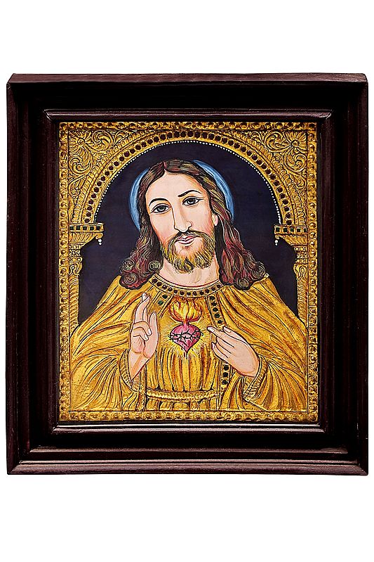 Jesus Christ Tanjore Painting | Traditional Colors With 24K Gold | Teakwood Frame | Gold & Wood | Handmade | Made In India