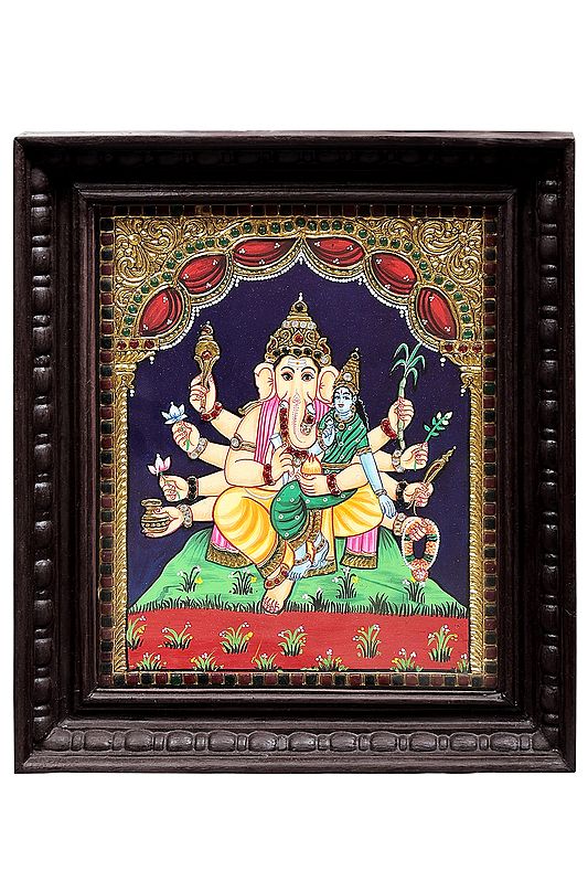Ganesha the Lord of Prosperity Tanjore Painting | Traditional Colors with 24K Gold | Teakwood Frame | Handmade | Made in India