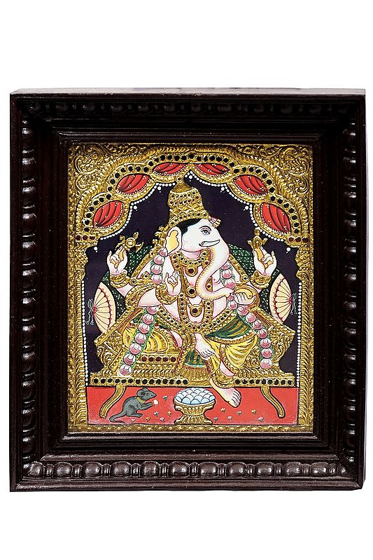 Lord Ganesha Tanjore Painting | Traditional Colors With 24K Gold | Teakwood Frame | Handmade | Made in India