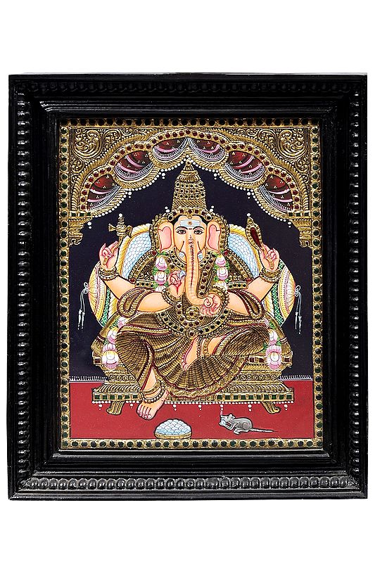 Bhagwan Ganesha Tanjore Painting | Traditional Colors With 24K Gold | Teakwood Frame | Gold & Wood | Handmade | Made In India
