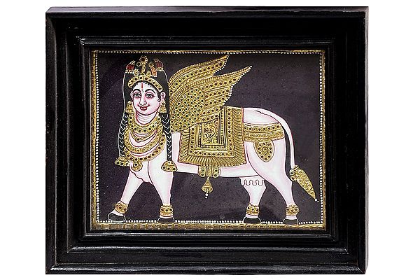 Gomaatha (Kamadhenu) Tanjore Painting | Traditional Colors With 24K Gold | Teakwood Frame | Gold & Wood | Handmade | Made In India