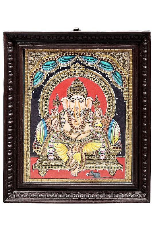 Bhagwan Ganesha Tanjore Painting | Traditional Colors With 24K Gold | Teakwood Frame | Gold & Wood | Handmade | Made In India