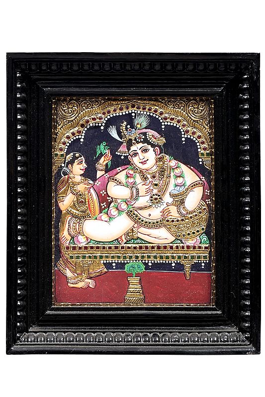 Butter Krishna Tanjore Painting | Traditional Colors With 24K Gold | Teakwood Frame | Gold & Wood | Handmade | Made In India