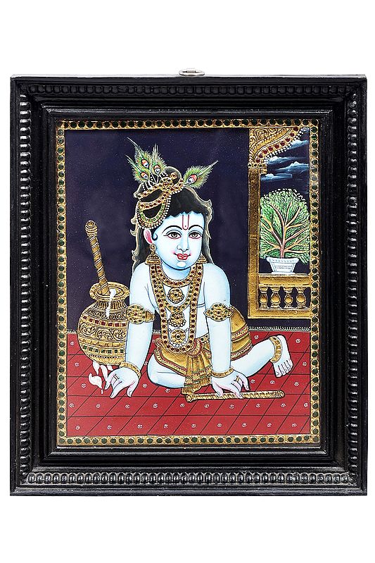 Makhan Chor Krishna Tanjore Painting | Traditional Colors With 24K Gold | Teakwood Frame | Gold & Wood | Handmade | Made In India