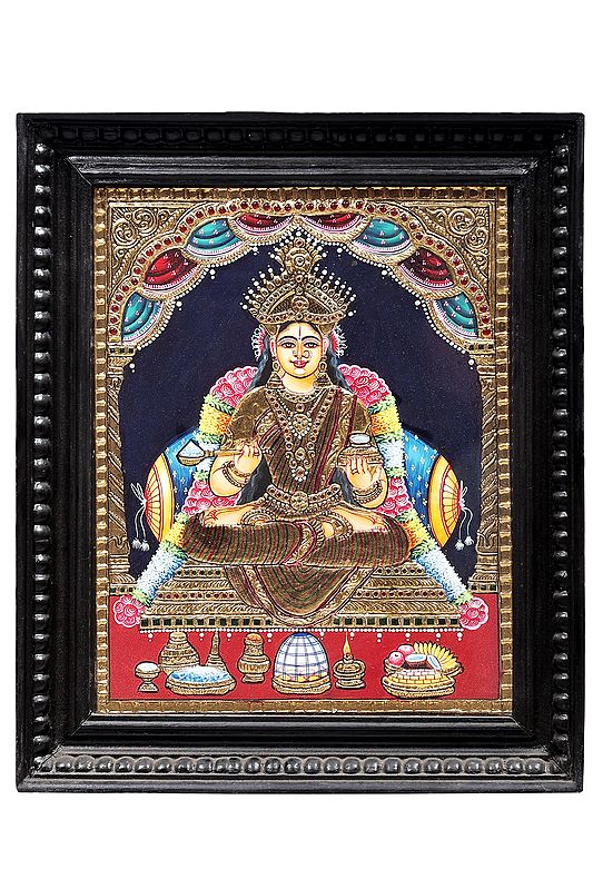 Goddess Annapurna Tanjore Painting | Traditional Colors With 24K Gold | Teakwood Frame | Gold & Wood | Handmade | Made In India