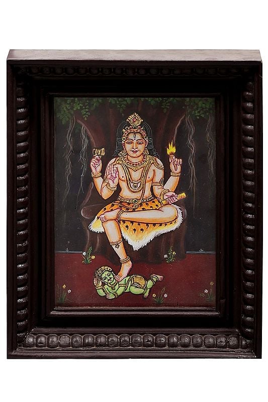 Dakshinamurti Shiva Tanjore Painting | Traditional Colors With Gold | Teakwood Frame | Gold & Wood | Handmade | Made In India