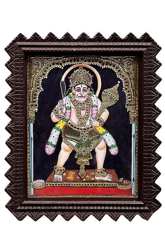 Lord Hanuman Ji Tanjore Painting | Traditional Colors With 24K Gold | Teakwood Frame | Gold & Wood | Handmade | Made In India