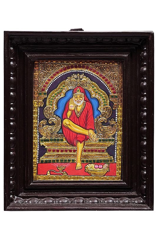 Shirdi Sai Baba Tanjore Painting | Traditional Colors With Gold | Teakwood Frame | Gold & Wood | Handmade | Made In India