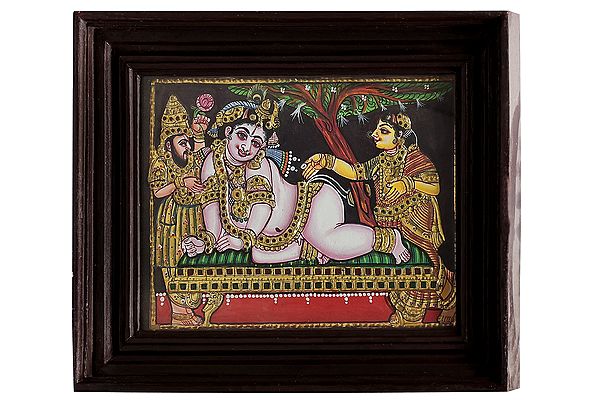 Navaneeta Krishna Tanjore Painting | Traditional Colors With 24K Gold | Teakwood Frame | Gold & Wood | Handmade | Made In India