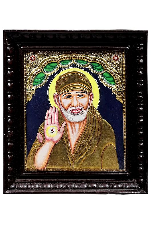 Blessing Sai Baba Tanjore Painting | Traditional Colors With 24K Gold | Teakwood Frame | Gold & Wood | Handmade | Made In India