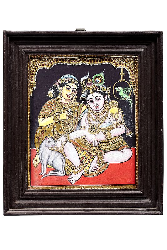 Baby Krishna in the Lap of Mother Yashoda Tanjore Painting | Traditional Colors With 24K Gold | Teakwood Frame | Gold & Wood | Handmade | Made In India