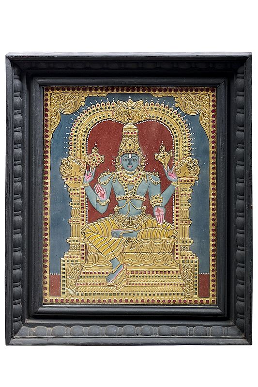 Lord Vishnu Tanjore Painting | Traditional Colors With 24K Gold | Teakwood Frame | Gold & Wood | Handmade | Made In India